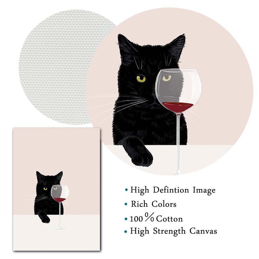 Lustiges süßes schwarzes Katzenplakat, weiße Katzen schmecken Rotwein, Leinwandmalerei, Katze, Küche, Wandkunst, Bilder für Wohnzimmer, Heimdekoration