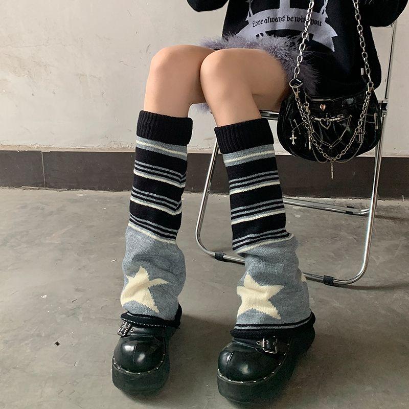 Black Gray Stripe Star Sock Leg Warmers Women Knit Stacked Socks Wide Leg JK Student Calf Sleeves