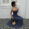 Damen Gepunktete Trägerlose Sommerkleider, Elastischer Rücken Gerafft Strandurlaub Outfits Vintage Elegant Maxikleid