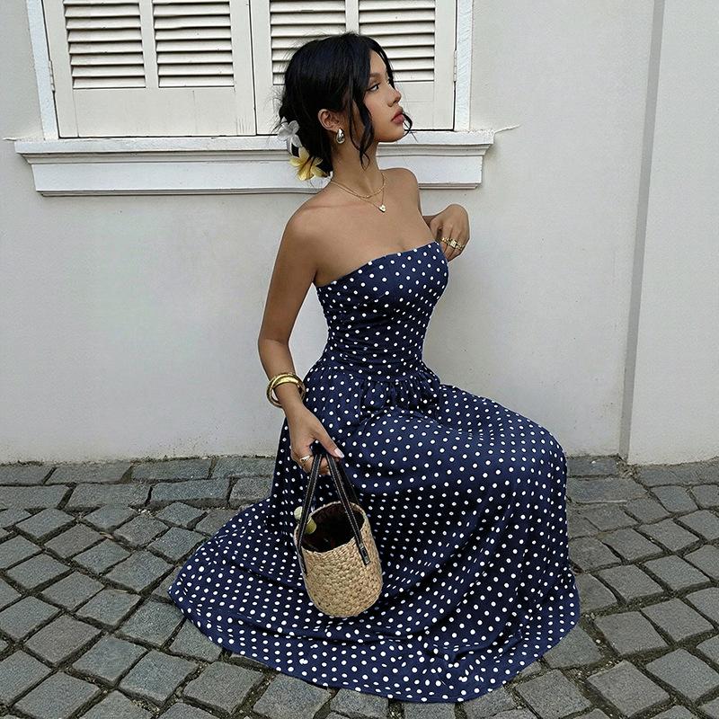 Damen Gepunktete Trägerlose Sommerkleider, Elastischer Rücken Gerafft Strandurlaub Outfits Vintage Elegant Maxikleid