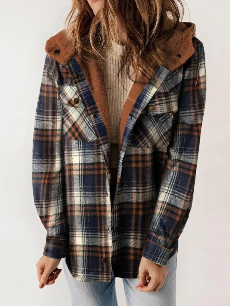 Autumn and winter women's plaid jacket long sleeved hairy hooded jacket with pockets