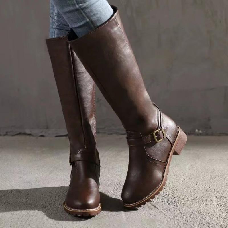 Vintage Belt Buckle Plus Size Low-heeled Knight Boots Women's 2025 Winter New High Boots