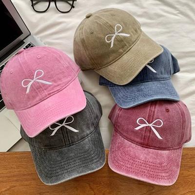 Bow Embroidery Washed Cotton Baseball Cap For Women Girl Sweet Korean Bow Snapback Peaked Hat Outdoor Sports Ponytail Sun Hats