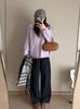Korean Style Ruffle Sweater - Round Neck, Raglan Sleeves, Slim Fit, Solid Color, Textured Design