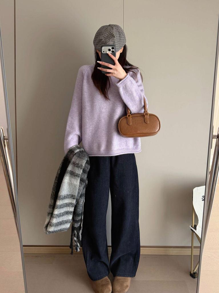 Korean Style Ruffle Sweater - Round Neck, Raglan Sleeves, Slim Fit, Solid Color, Textured Design