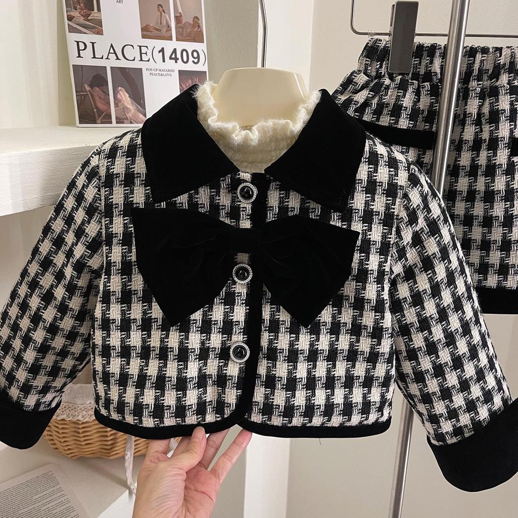 Set Jachetă și Fustă în Carouri cu Fundă pentru Copii - Toamnă/Iarnă Stil Coco