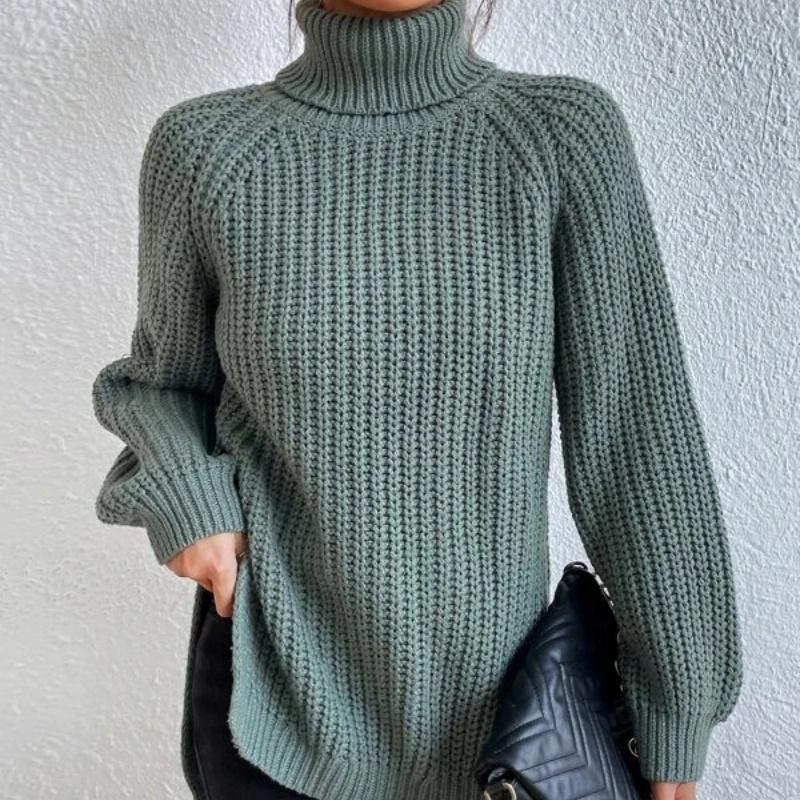 Autumn and Winter Fashion Knitwear Mid-length Raglan Sleeves High Lapel Split Sweater Women