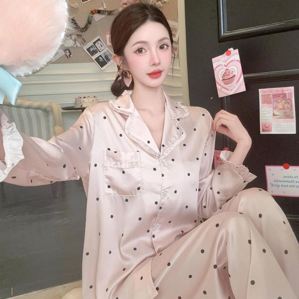 Pajamas women's summer, pajamas women's ice silk, ice silk pajamas, polka dot loose silk Korean ins sweet loungewear