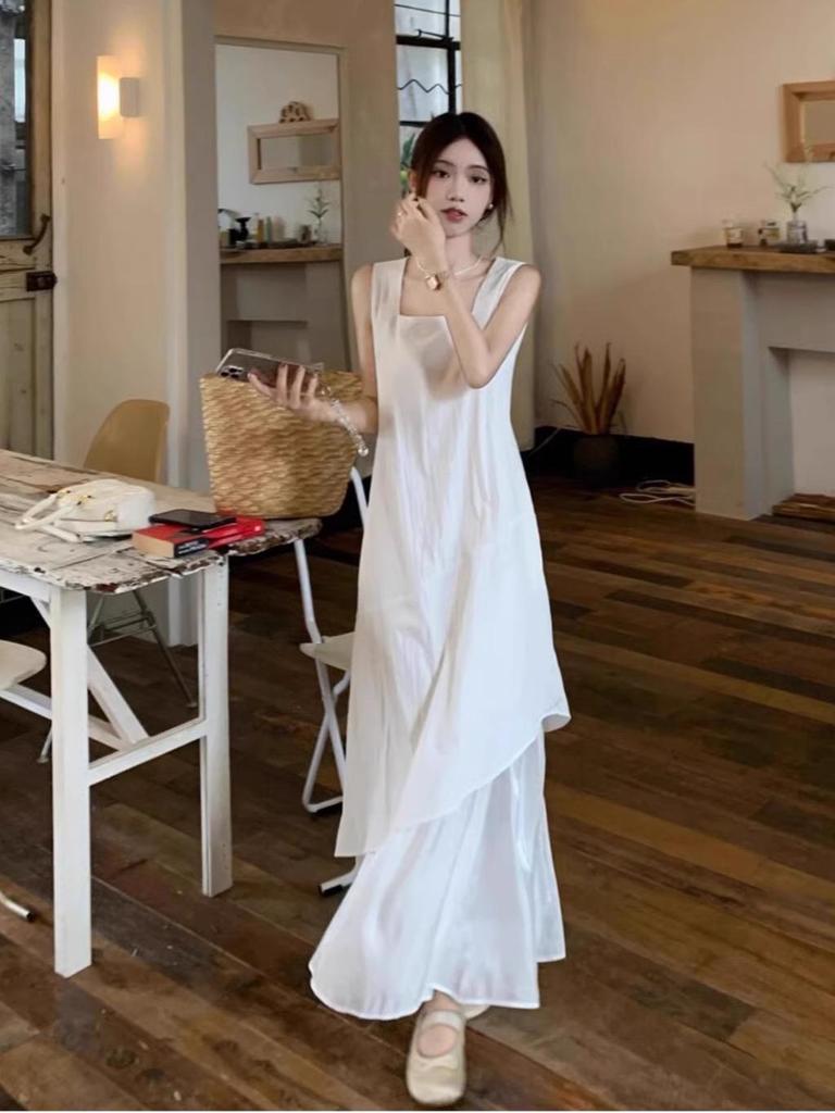 Korean Style Irregular Spaghetti Strap Summer Dress - Women's Loose Slimming Long Design for 2026