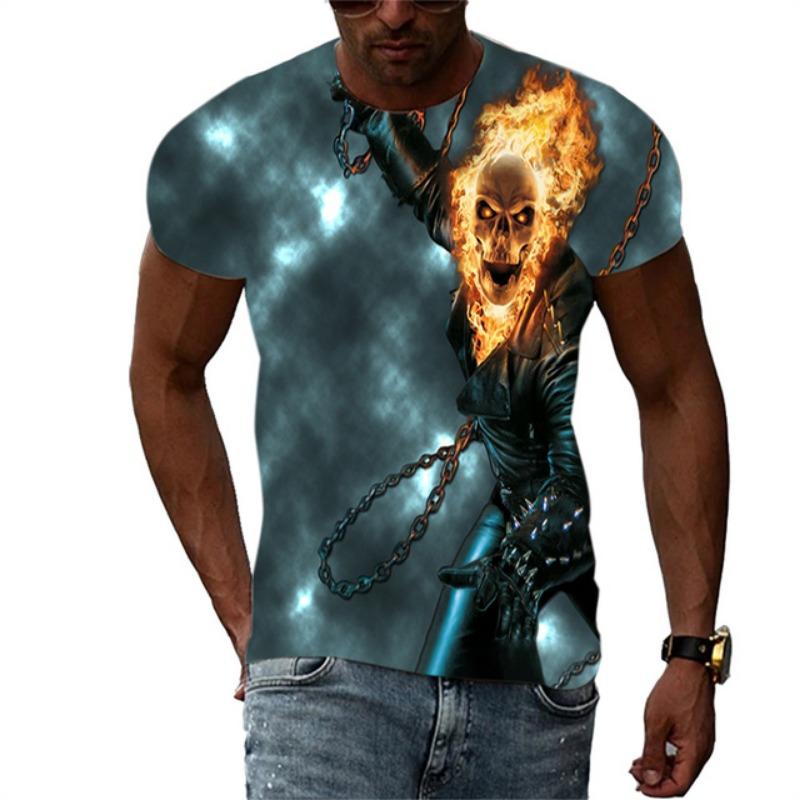Summer Men's Fashion Trend New T-shirt 3D Flame Skull Digital Print Hip Hop Loose Street Clothing Casual Daily Round Neck Top
