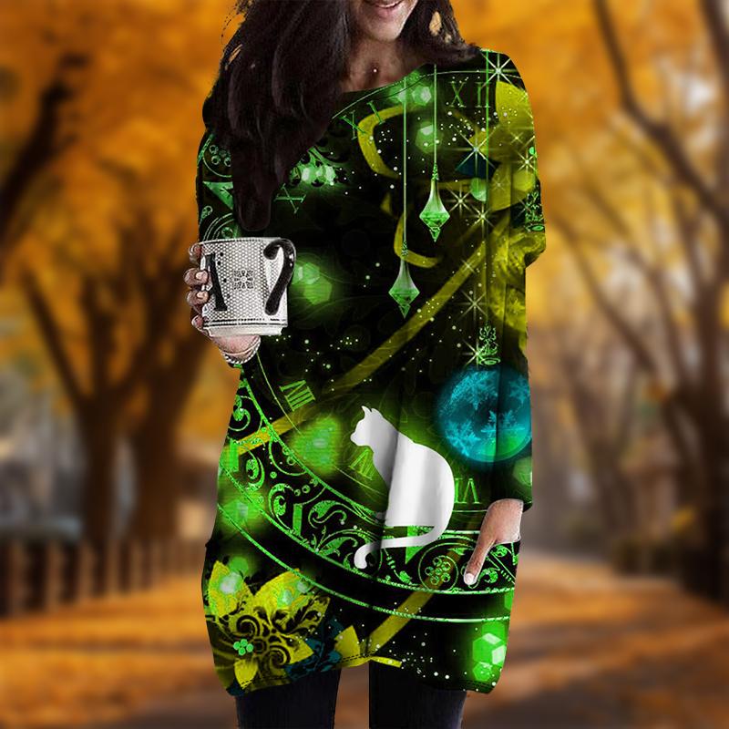 

Новинка осени с принтом «Волшебная кошка» большого размера женское платье с круглым вырезом и длинными рукавами повседневные платья с карманами 8XL жёлтый