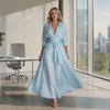 Damen Maxikleid Hemdkleid, Halbsärmel Revers V-Ausschnitt Langes Kleid, Lässiges A-Linie Lockeres Schwingkleid mit Taschen