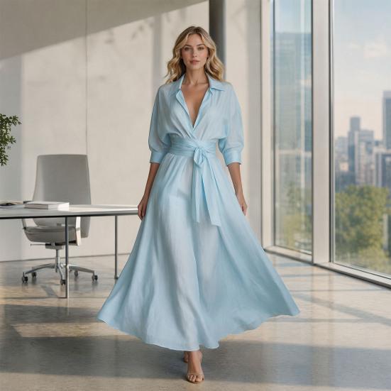 Damen Maxikleid Hemdkleid, Halbsärmel Revers V-Ausschnitt Langes Kleid, Lässiges A-Linie Lockeres Schwingkleid mit Taschen