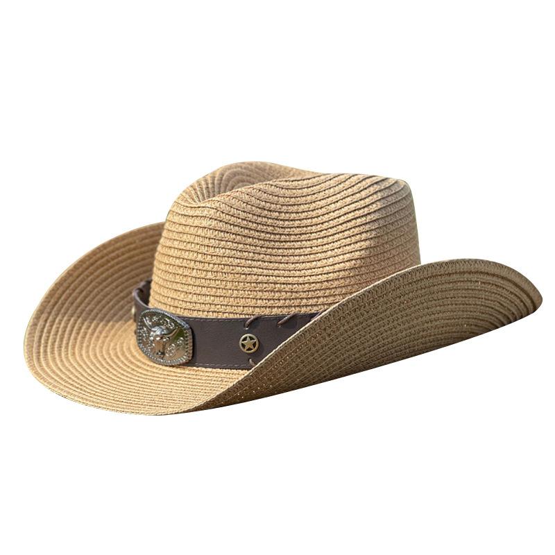 Big Eaves Western Cowboy Hat Men's Summer Travel Photo Tibetan Ox Head Straw Hat Women's Outdoor Sun Protection Hat