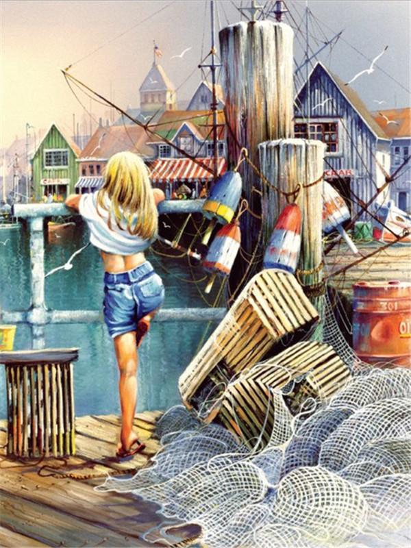 

Алмазная картина с квадратными стразами Дети Река 5D Алмазная мозаика Вышивка Рыбалка Пейзаж Домашний декор Full Round 20x30CM