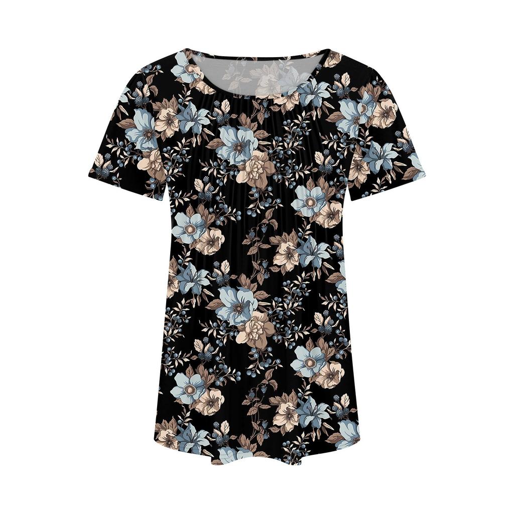 Dámská letní móda Ležérní skládané tričko s kulatým výstřihem a krátkým rukávem