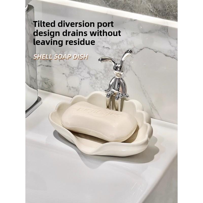 Bathroom Sink Soap Box Household Ceramic Rabbit Shell Shape Storage Rack Household  Bathroom Item Storage Accessories
