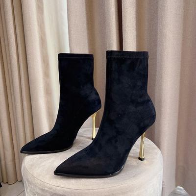 Pointed High-heeled Short Boots for Women In the Autumn and Winter of 2025, New Black Sexy Suede Elastic Boots, Thin Heel Short Thin Boots