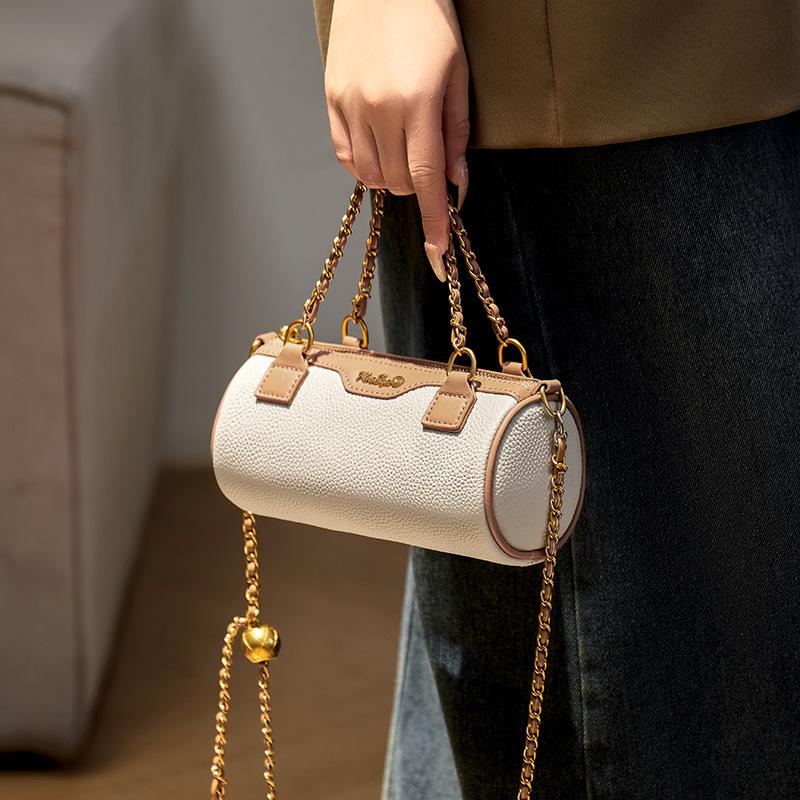 Mrs. Qiao Women's Bag 2025 New Crossbody Bag Autumn Winter High-End Niche Cylinder Bag Genuine Leather Women's Bag with Chain