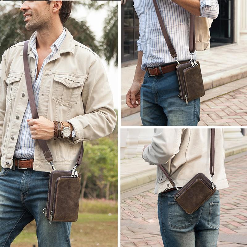Retro Crazy Horse Leather Men's Mobile Phone Baotou Layer Fashion Casual Small Single Shoulder Crossbody Bag