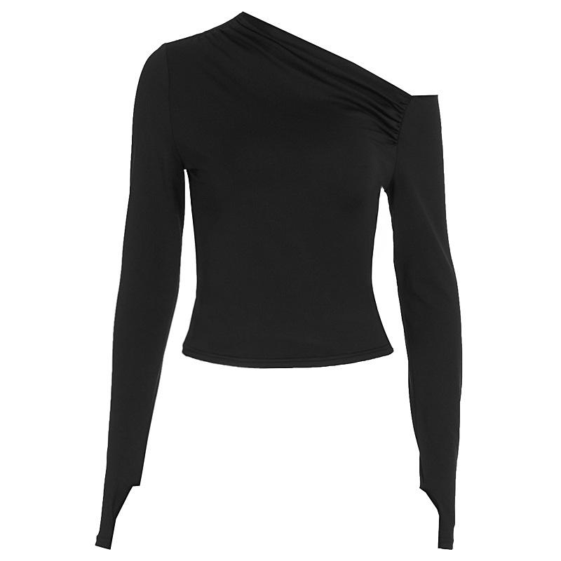 

2025 Women s Solid Color Irregular Neckline Long Sleeve Top - European & American Autumn Fashion Medium чёрный