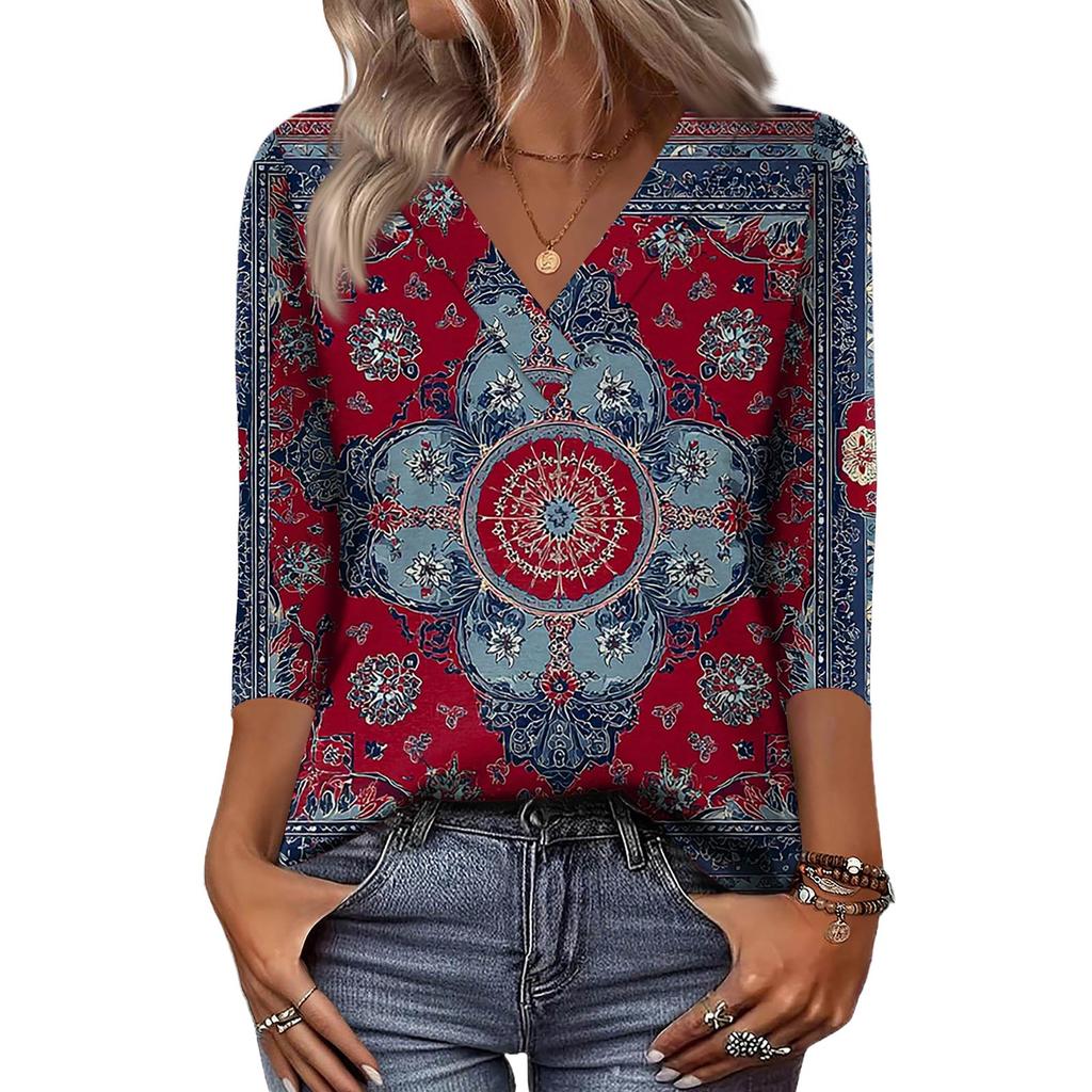 Women's 3/4 Sleeve Shirts V Neck Print Tops Casual Tops Basic Tees Blouse Loose Tops