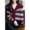 Spring Two Piece V Neck Sweater Set with Shawl Striped Wool Knit Slim Fit Long Sleeve Casual Letter