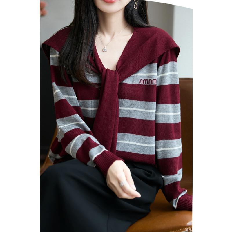 Spring Two Piece V Neck Sweater Set with Shawl Striped Wool Knit Slim Fit Long Sleeve Casual Letter
