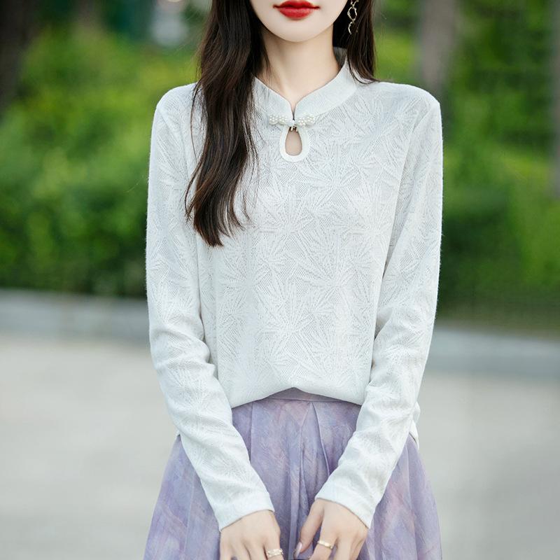 Podzimní a zimní nový čínský pletený top s knoflíky, dámské topy, měkké retro spodní tričko