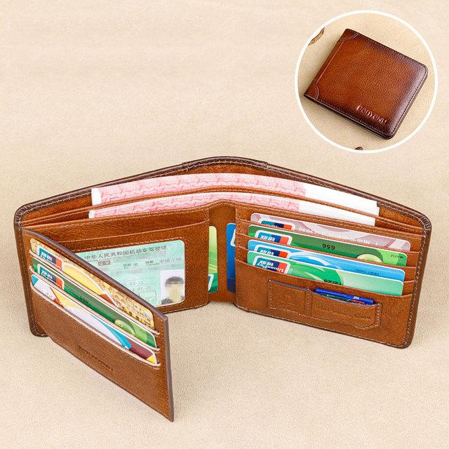 Men's RFID Blocking Genuine Leather Wallet  Vintage Short Multi Function Large Capacity Cow Skin Purse Money Clip