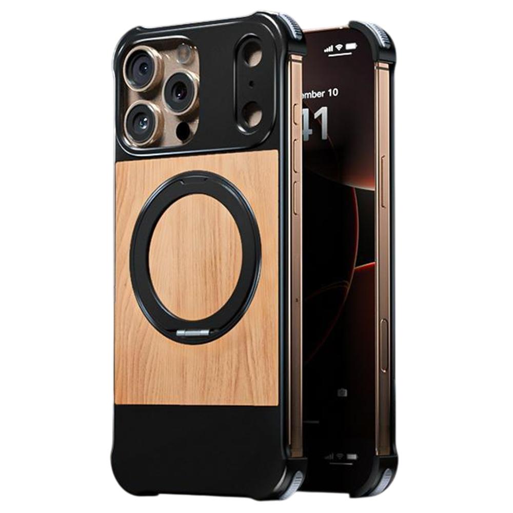 For iPhone 16 Pro Max Magnetic Case Borderless Walnut + Metal Kickstand Phone Cover