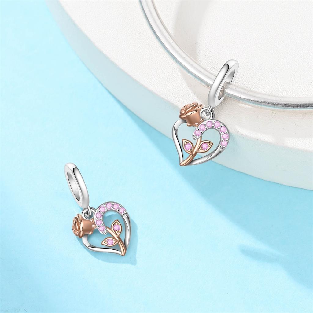 Golden Rose Copper Charms Bow Pink Heart Love Letters Beads Pendants Fit Original Bracelets Diy Jewelry Accessories