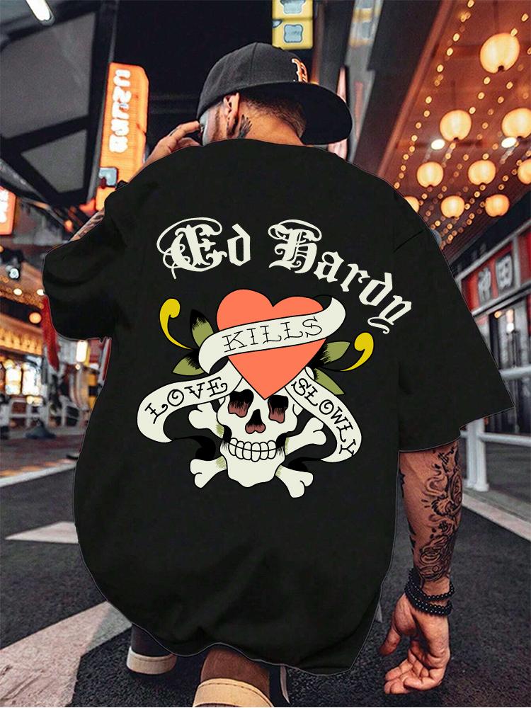 Summer Men Fashion Cotton TShirt Trendy Skull&Hearts Print Tops Male Casual Y2K O-Neck Clothing Women Hip Hop Short Sleeve Top