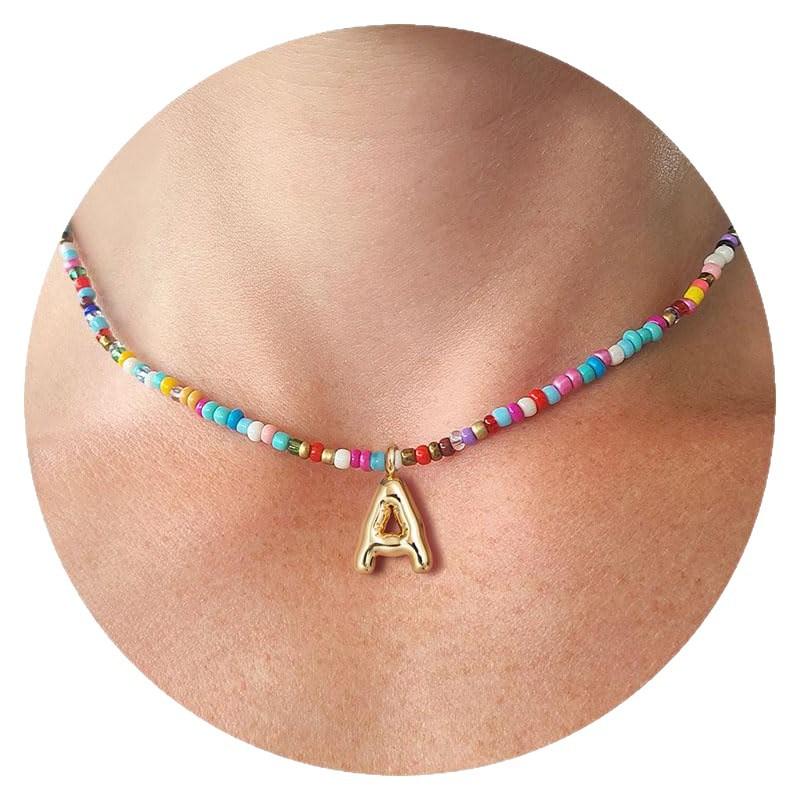 New Arrival Stainless Steel Sweet Cool Colorful Seed Bead Choker 18K Gold Plated Bubble Letter Pendant Women's Trendy Jewelry