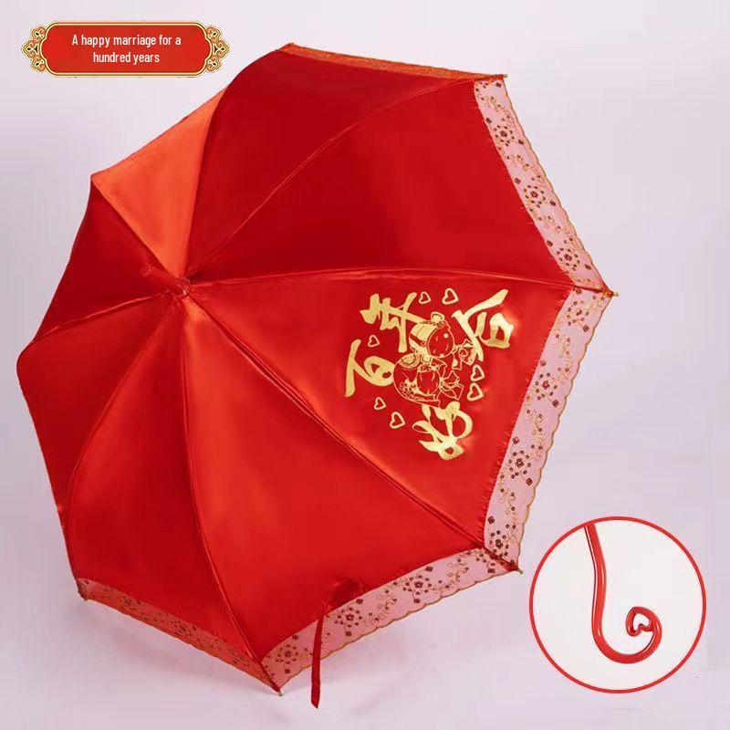 Eleganter roter Brautschirm mit gestickter Spitzkante und langem Griff für Hochzeiten