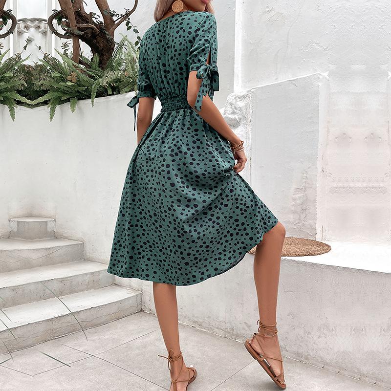 2025 New Summer Women's Decoration Waist Short Sleeve Leopard Print Dress