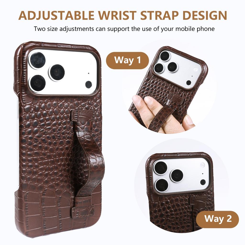Genuine Leather Case With Wrist Strap Kickstand For For Iphone 17 Pro Max 16 1 14 13 12 Crocodile Pattern Protective Funda
