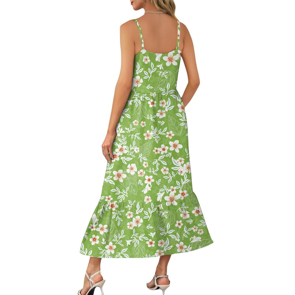 Damska Długa Plażowa Codzienna Elegancka Sukienka Maxi na Cienkich Ramiączkach, Szyta, Subtelna, Zwiewna Sukienka w Stylu Boho