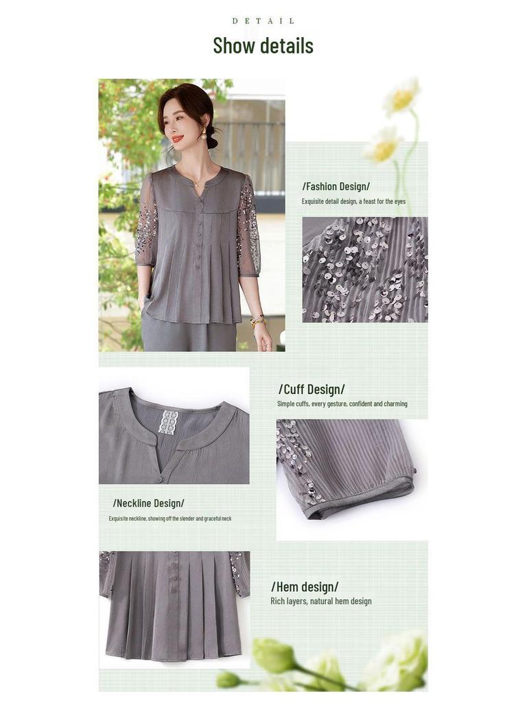 2026 Mom's Summer Mid-Sleeve Chiffon Blouse & Top Two-Piece Set for Middle-Aged and Elderly Women