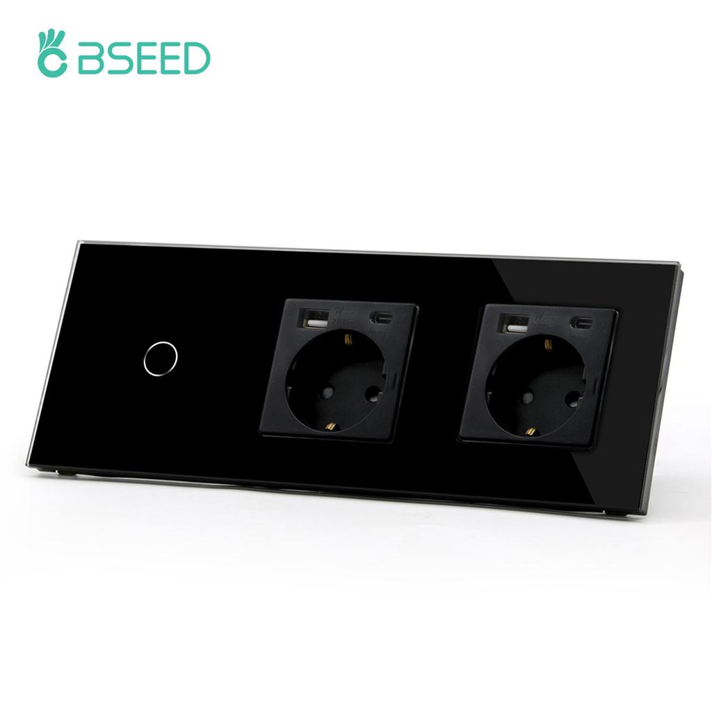 BSEED Touch Sensor Switch 1/2/3Gang 1Way Wall Light Switches Crystal Glass Switch With Double Power Sockets EU Standard