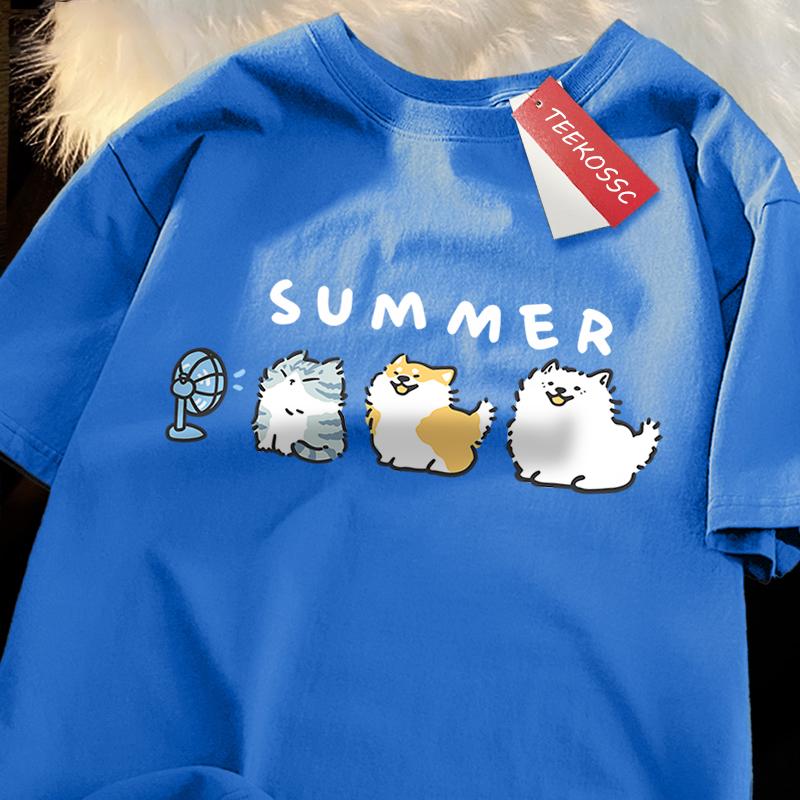 Cats And Dogs Blowing Fans Print T Shirts Men Women Cute Crewneck Clothes Loose Summer T-Shirts Fashion Cotton Short Sleeve