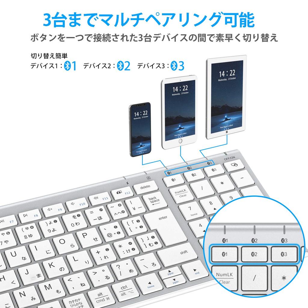 iClever Bluetooth Wireless Keyboard, Pantograph, Japanese JIS Layout, Supports 3 Simultaneous Device Connections, Full-Size with Numeric Keypad,