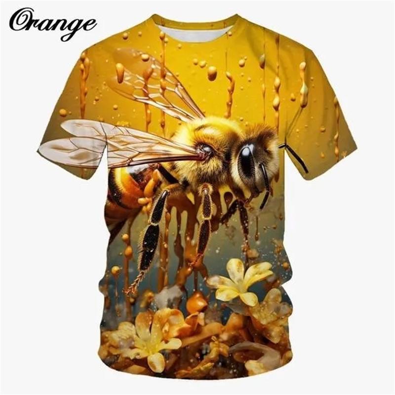 Summer Round Neck 3D Honeybee Pattern Print Top Fashionable Casual Short Sleeved Men's T-shirts