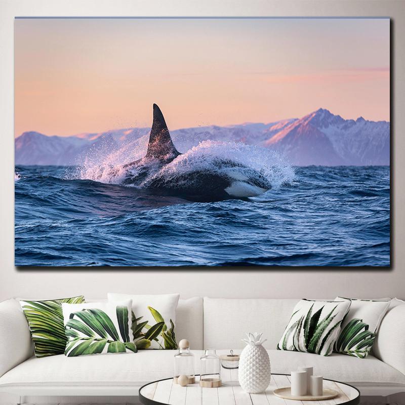 Natural Blue Whale Fish Tail Canvas Painting Wall Art Seascape Animal Killer Whale Posters and Prints for Living Room Home Decor