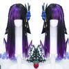 Synthetic Red Ombre Black Color Lolita Long Straight Wigs With Bangs Daily Party Cosplay Wig For Women