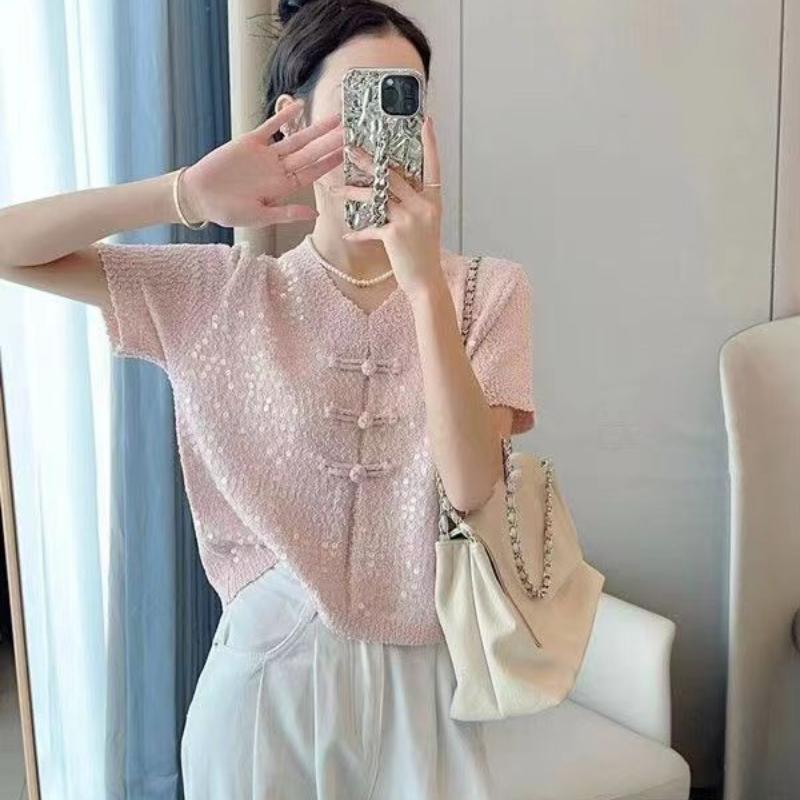 Summer V-neck Design Knitted Sweater with Sequins Short Sleeved T-shirt Top Women's Small Shirt