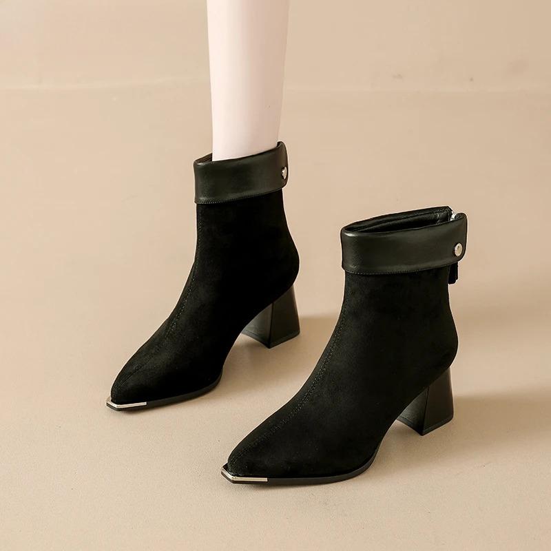 Autumn Winter Suede Square Heels  Women Ankle Boots Fashion Back Zippers Pointed Toe Shoes Modern Short Botas Para Mujer