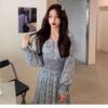New Spring/Autumn Long Sleeve Waist Slimming High Waist Display High-Waisted Floral Chiffon Dress Long Dress