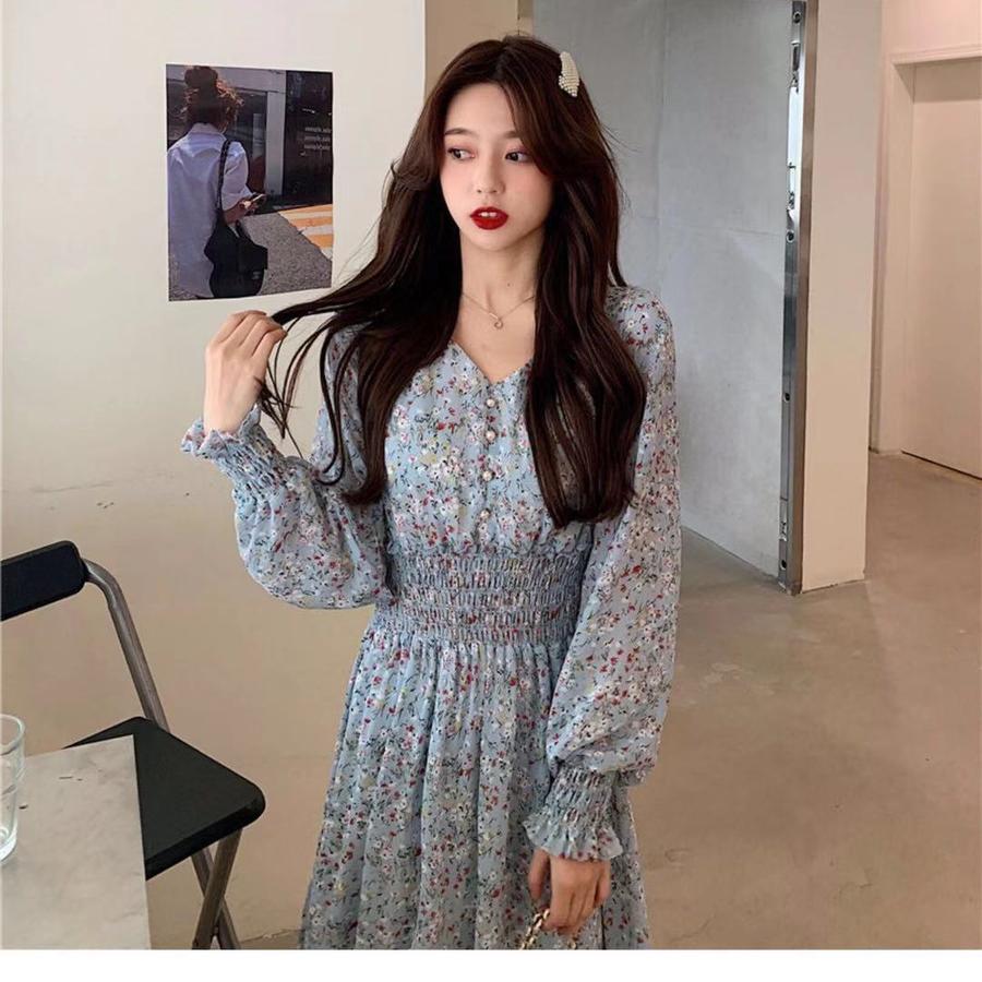 New Spring/Autumn Long Sleeve Waist Slimming High Waist Display High-Waisted Floral Chiffon Dress Long Dress