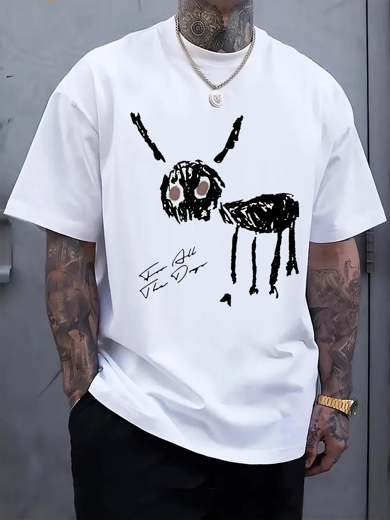 Hand-Drawn Mystery Creature Print T-shirt - Casual Crew Neck S